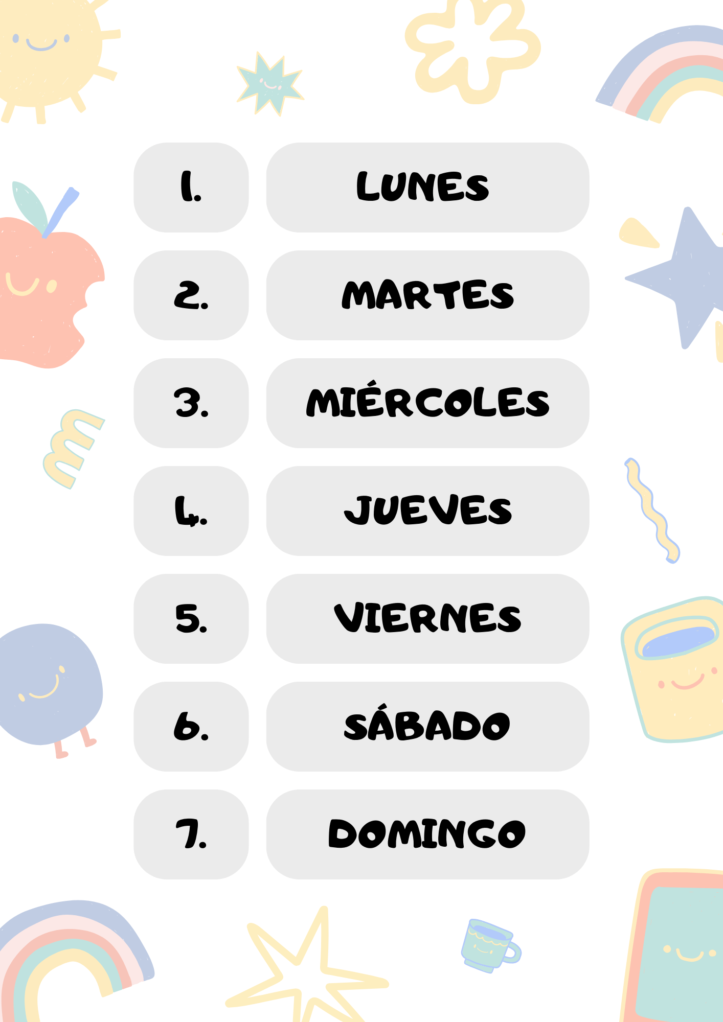 dias de la semana en español imprimible colorido