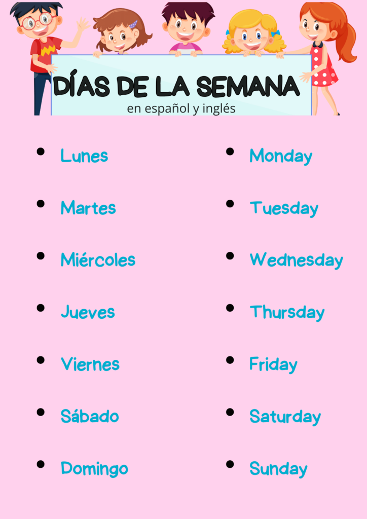 Lámina imprimible de los días de la semana en español y inglés para aprender ambos idiomas fácilmente