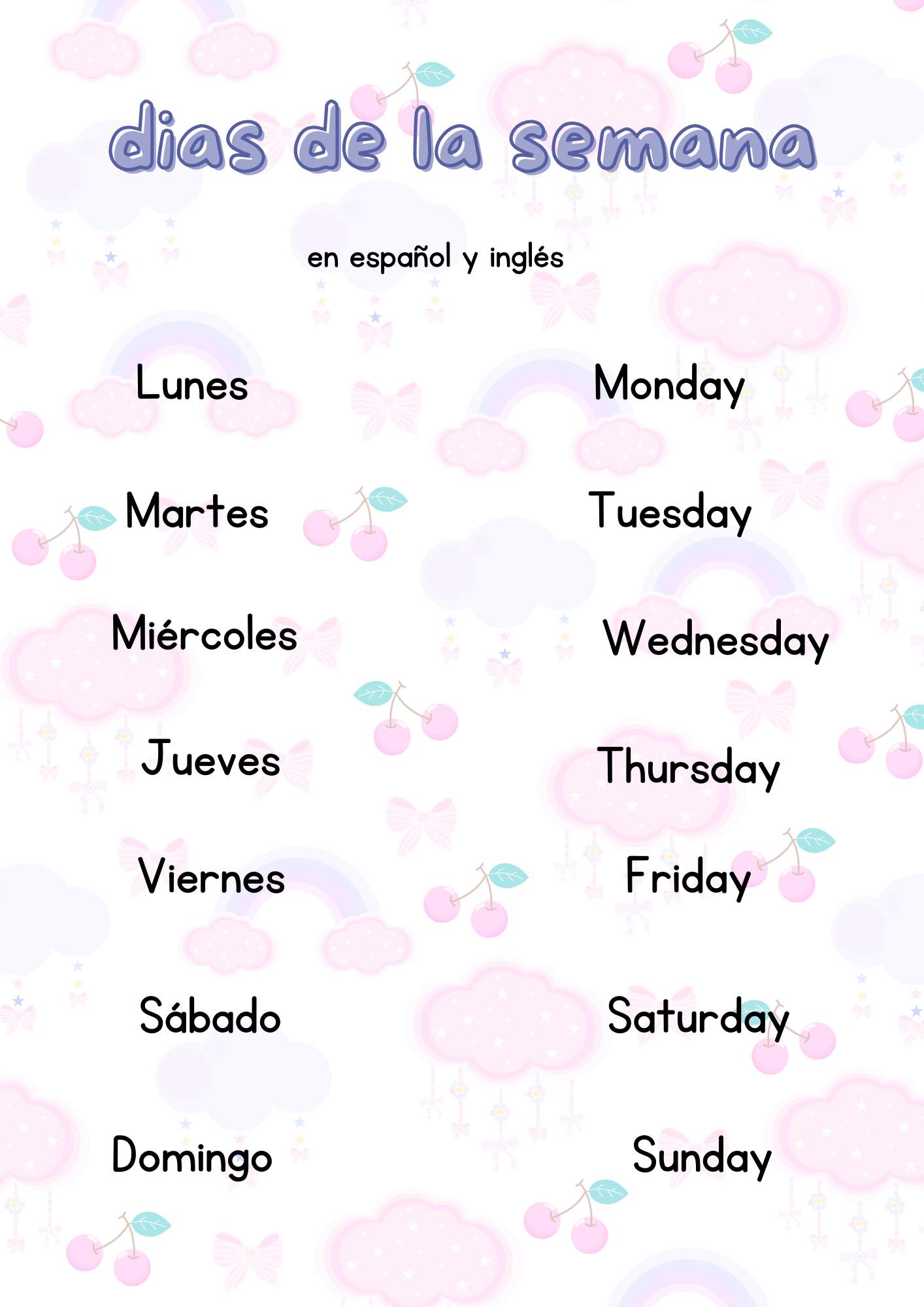 Ficha imprimible para comparar la escritura de los días de la semana en español y en inglés, ideal para niños