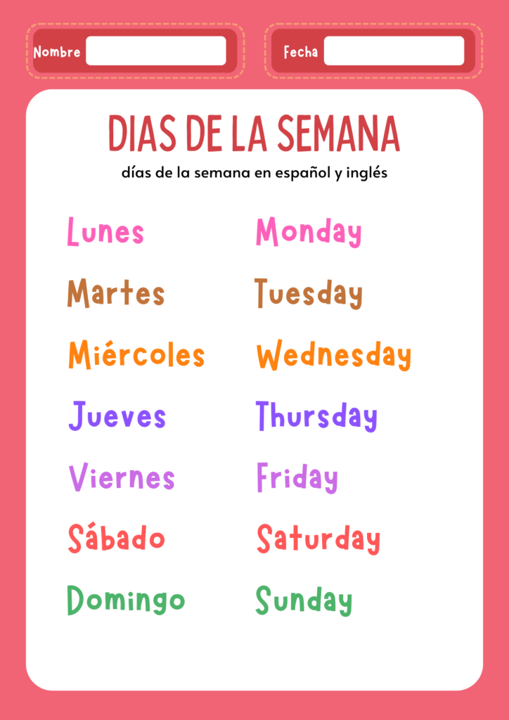 Días de la Semana en Español e Inglés: Fichas para Imprimir Gratis