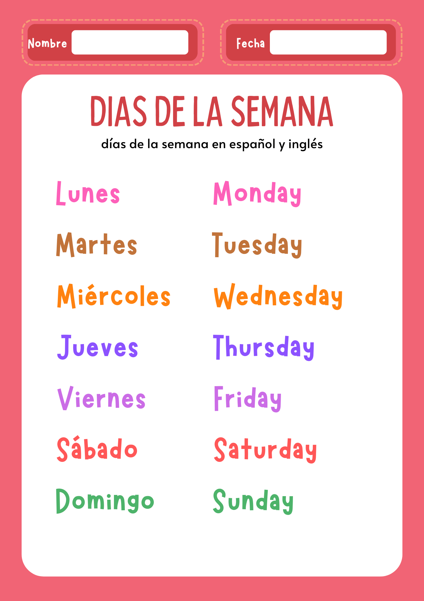 Lámina imprimible de los días de la semana en español y inglés para aprender ambos idiomas fácilmente