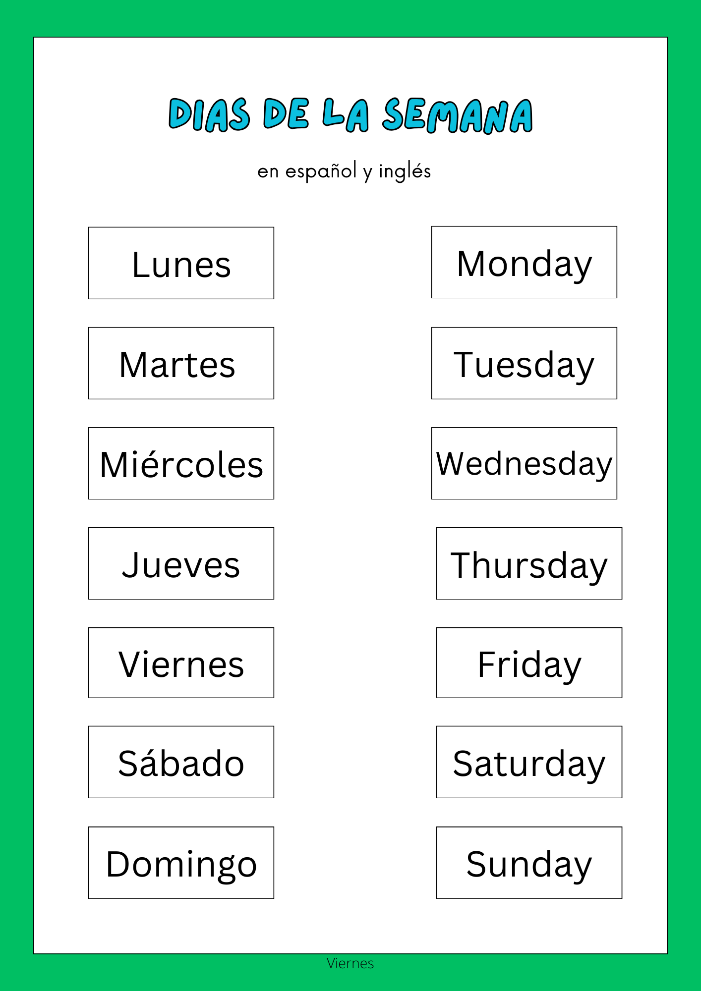 Tarjetas educativas para imprimir que muestran los días de la semana en español junto a su traducción en inglés