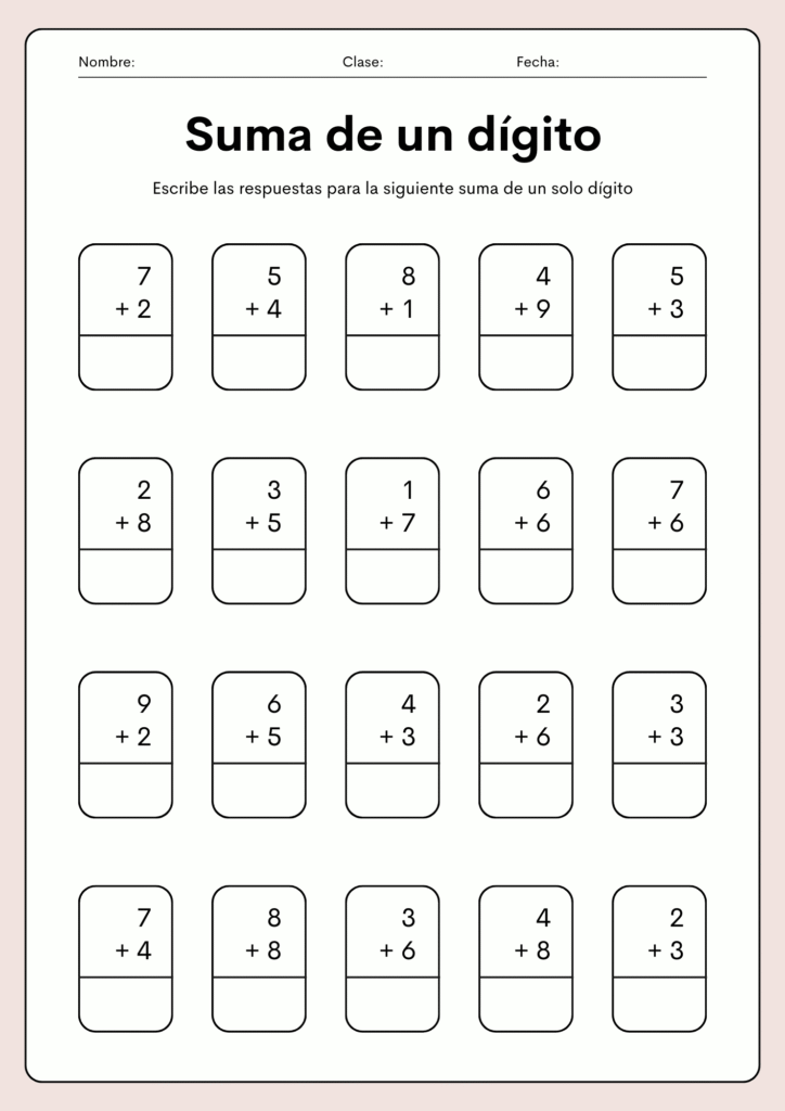 Suma para primer grado en tarjetas individuales, veinte operaciones verticales de un solo dígito con espacio para nombre y fecha
