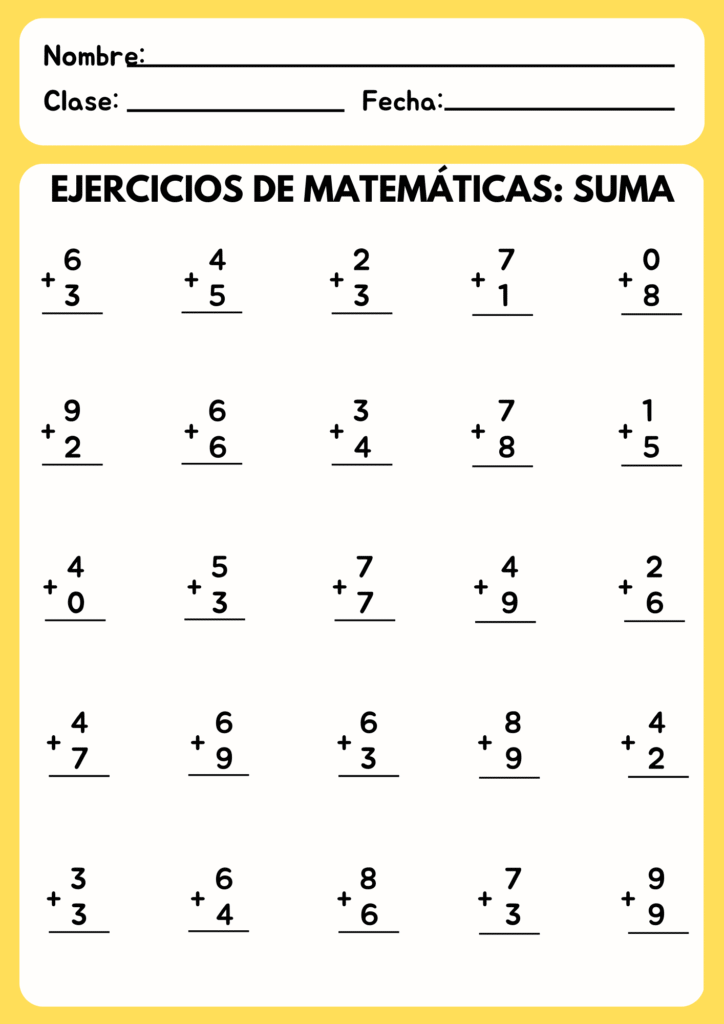 Suma para primer grado en formato vertical, veinticinco operaciones de un solo dígito incluyendo combinaciones con el cero