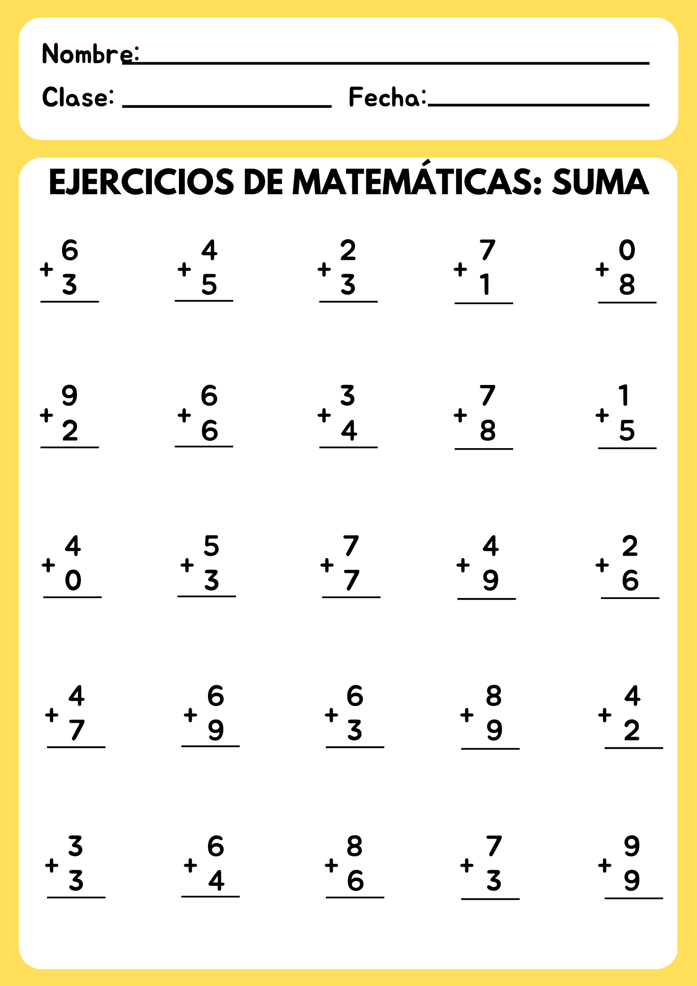 Actividad de suma para primer grado con hoja de ejercicios tradicionales y colorida para práctica de sumas simples.