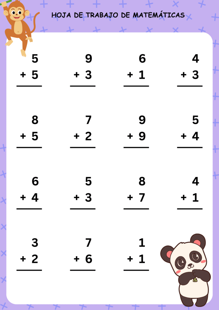 Suma para primer grado en formato vertical con ilustraciones de un mono y un panda, dieciséis operaciones de un solo dígito