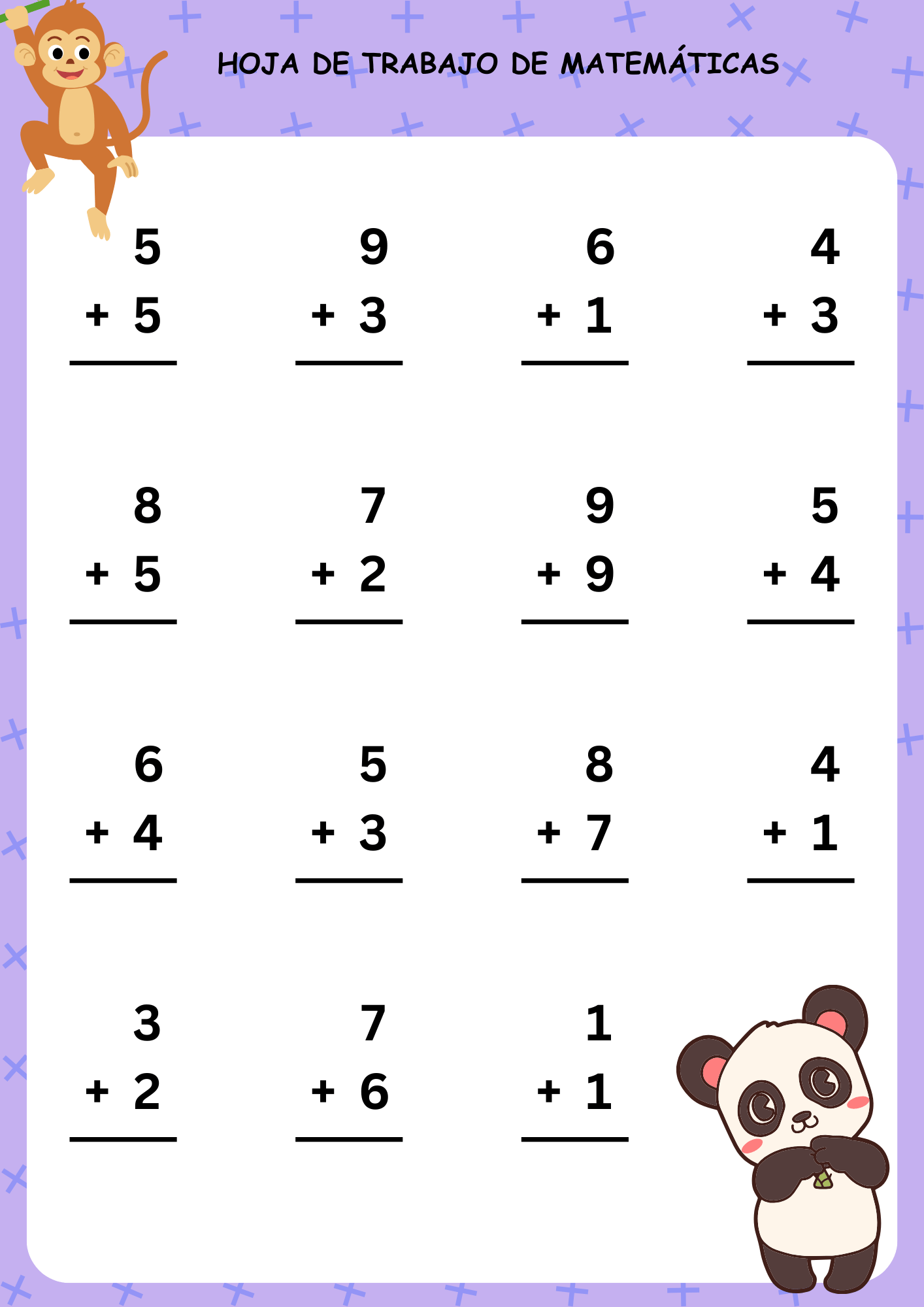 Actividad de suma para primer grado con diseño infantil de animales y sumas básicas en formato de cuadrícula.
