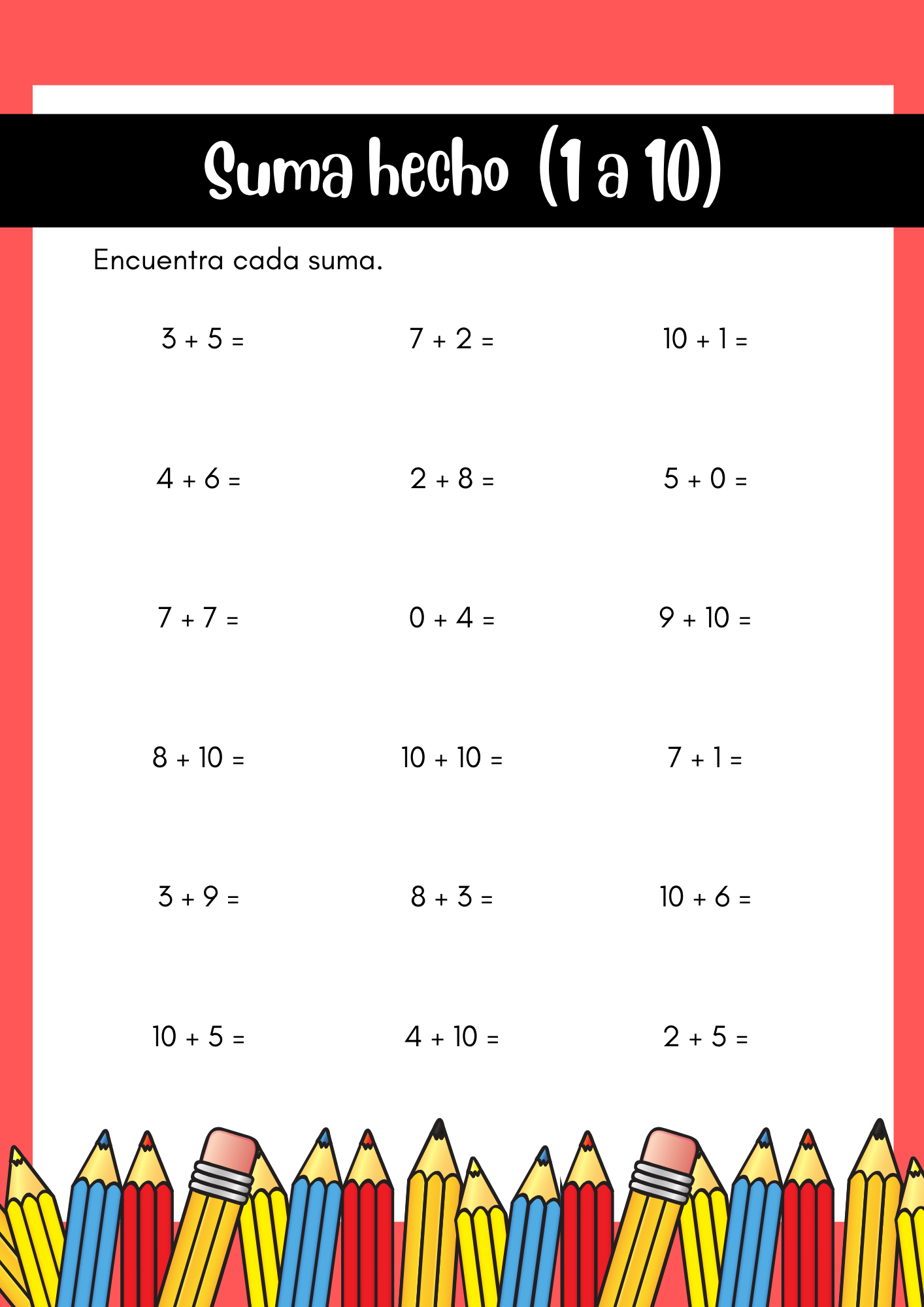 Actividad de suma simple para preescolar: Hoja de ejercicios de suma simple con lápices de colores y sumas básicas para niños en edad preescolar.