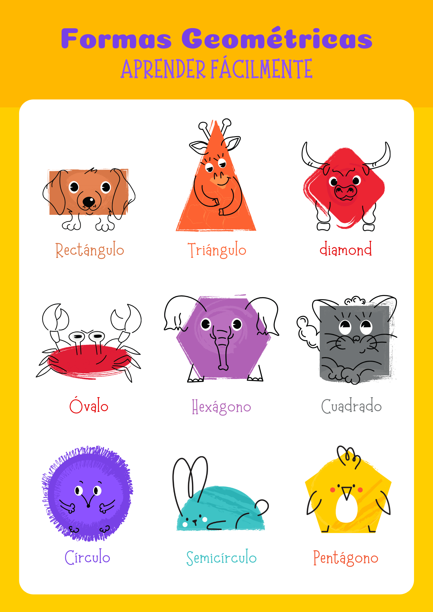 Formas geométricas para niños con dibujos de animales representando círculo, triángulo, rectángulo y más