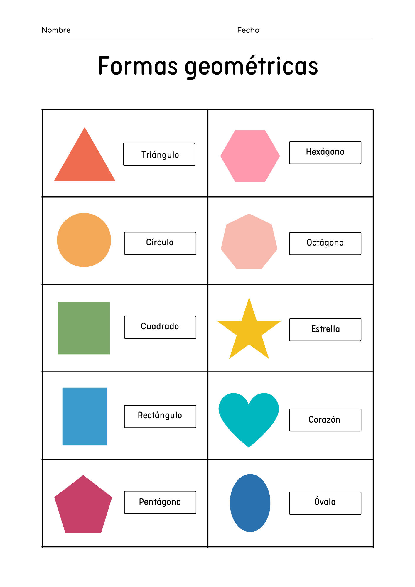Hoja didáctica de formas geométricas con estrella, corazón, hexágono y sus nombres en español.