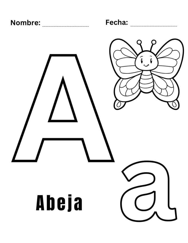 Hoja para colorear A con abeja y letras mayúscula y minúscula