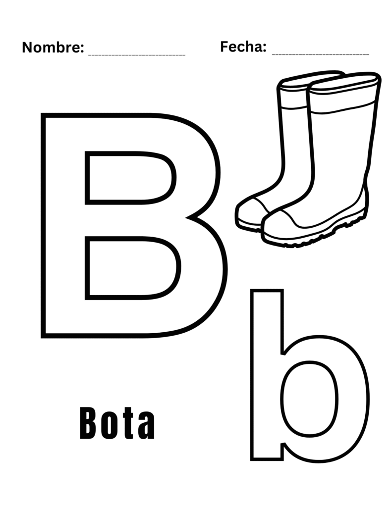 Hoja para colorear B con bota y letras B y b