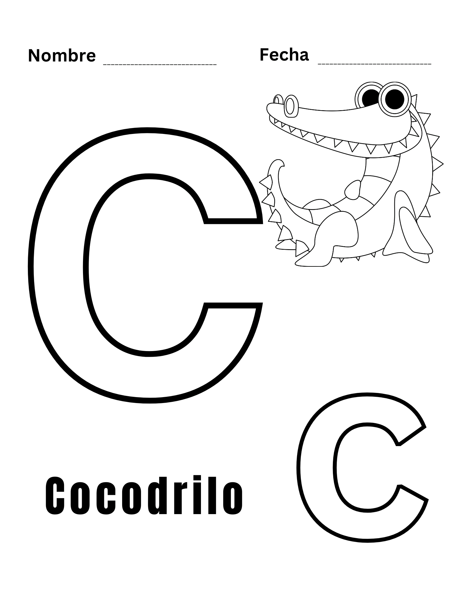 Hoja para colorear letra C con la palabra "Cocodrilo" y un dibujo infantil