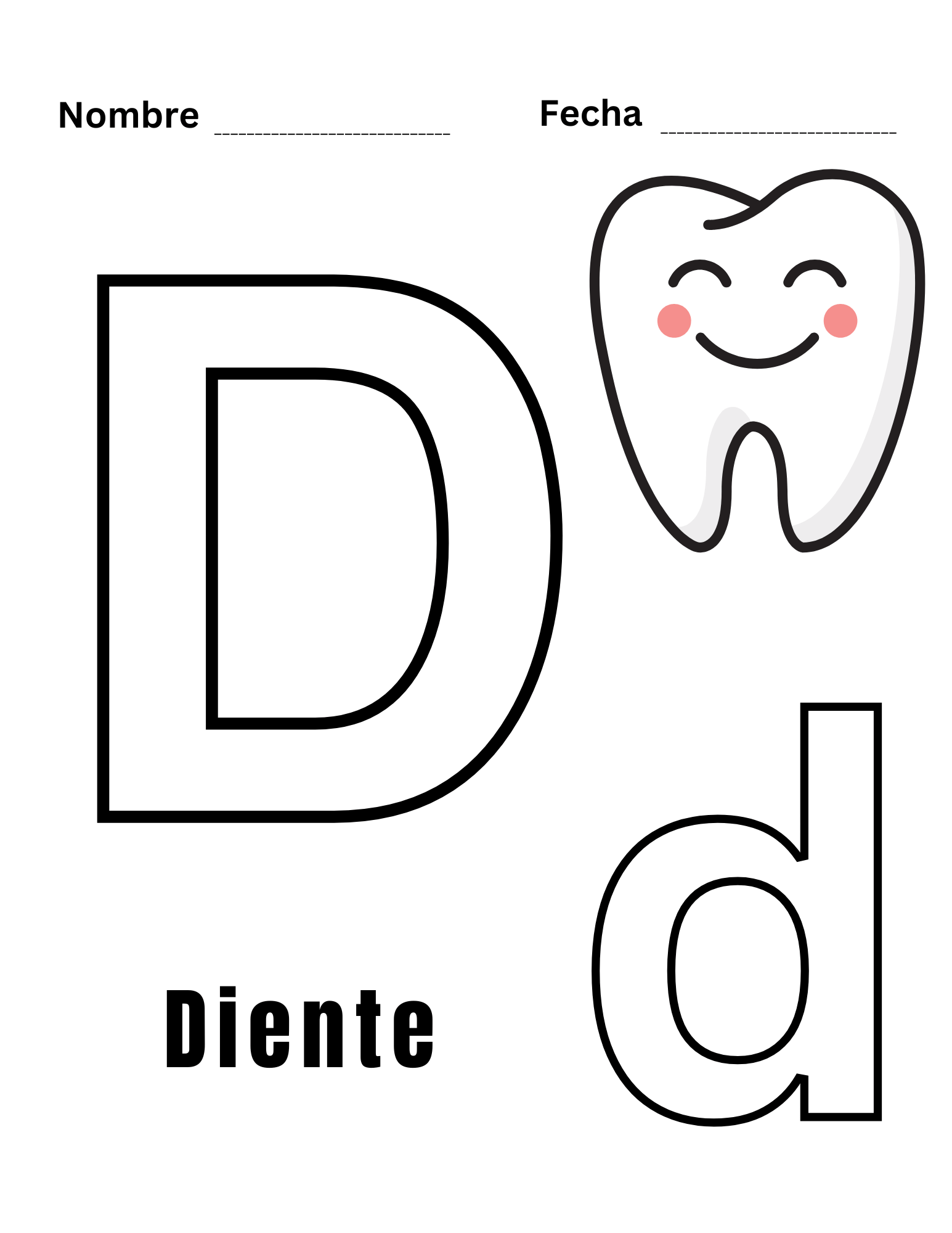 Hoja para colorear la letra D con dibujos que empiezan por D