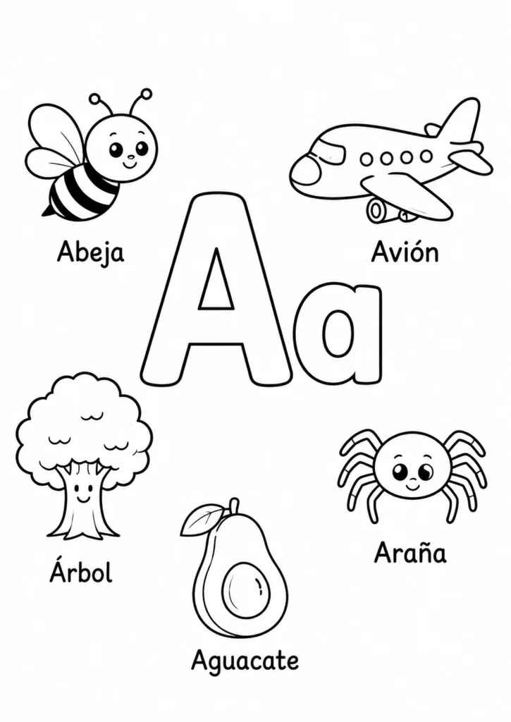 Hoja para colorear A con dibujos de abeja, avión, árbol, araña y aguacate