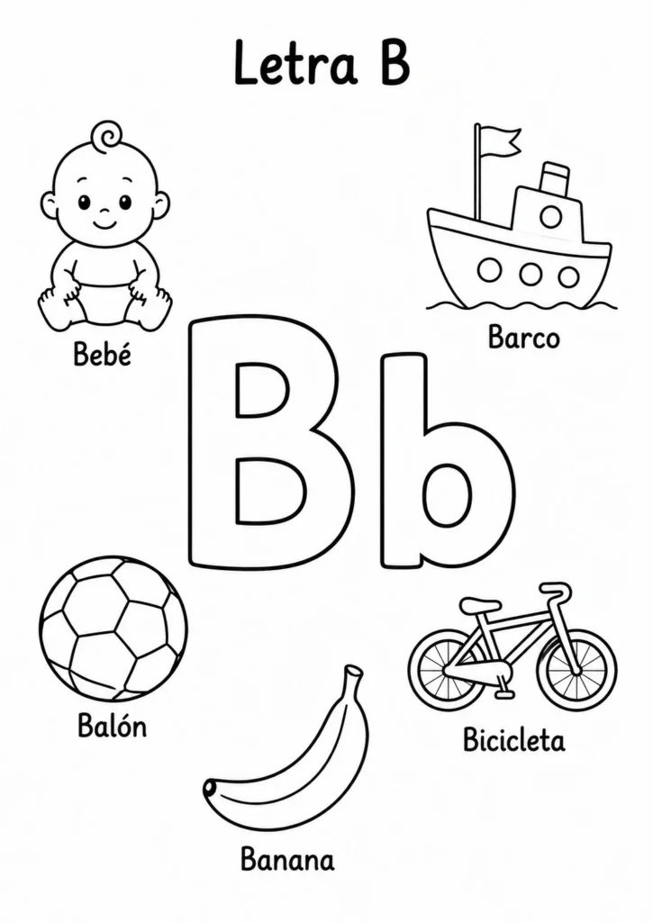 Hoja para colorear B con dibujos de bebé barco balón bicicleta y banana