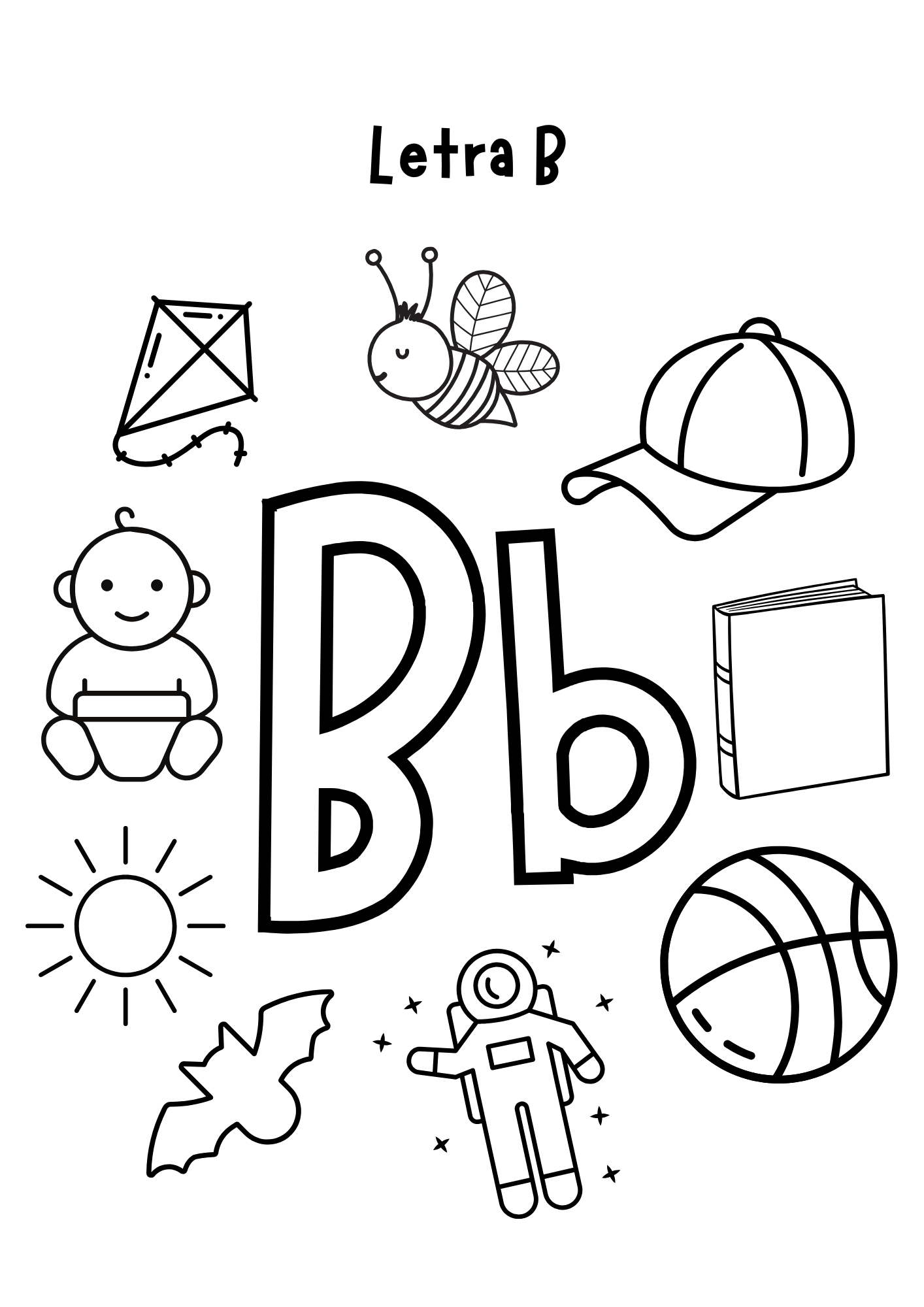 Hoja para colorear letra B con objetos que comienzan con la letra B como bebé, bola, libro, etc.