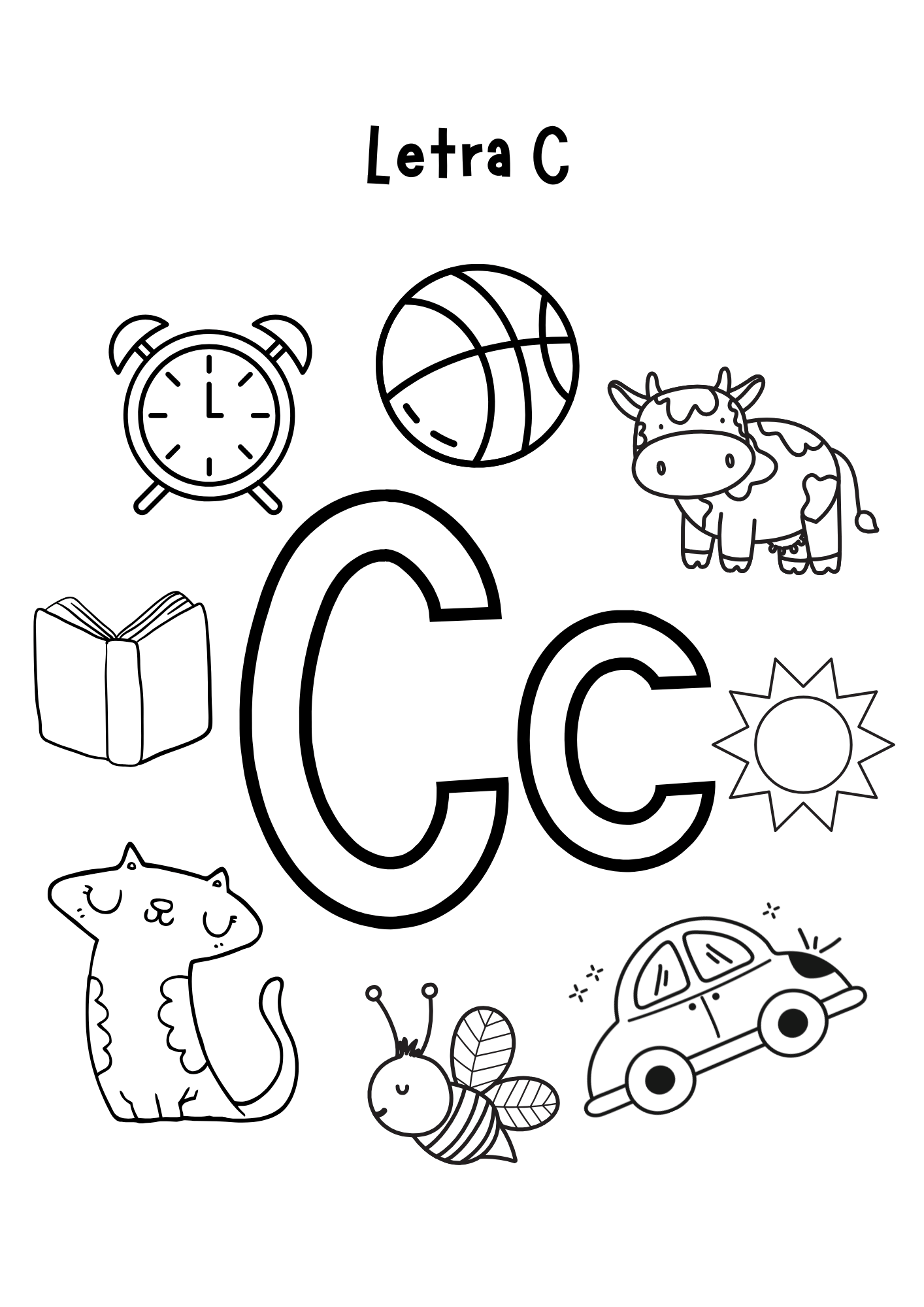 Hoja para colorear letra C con objetos como coche, campana y gato