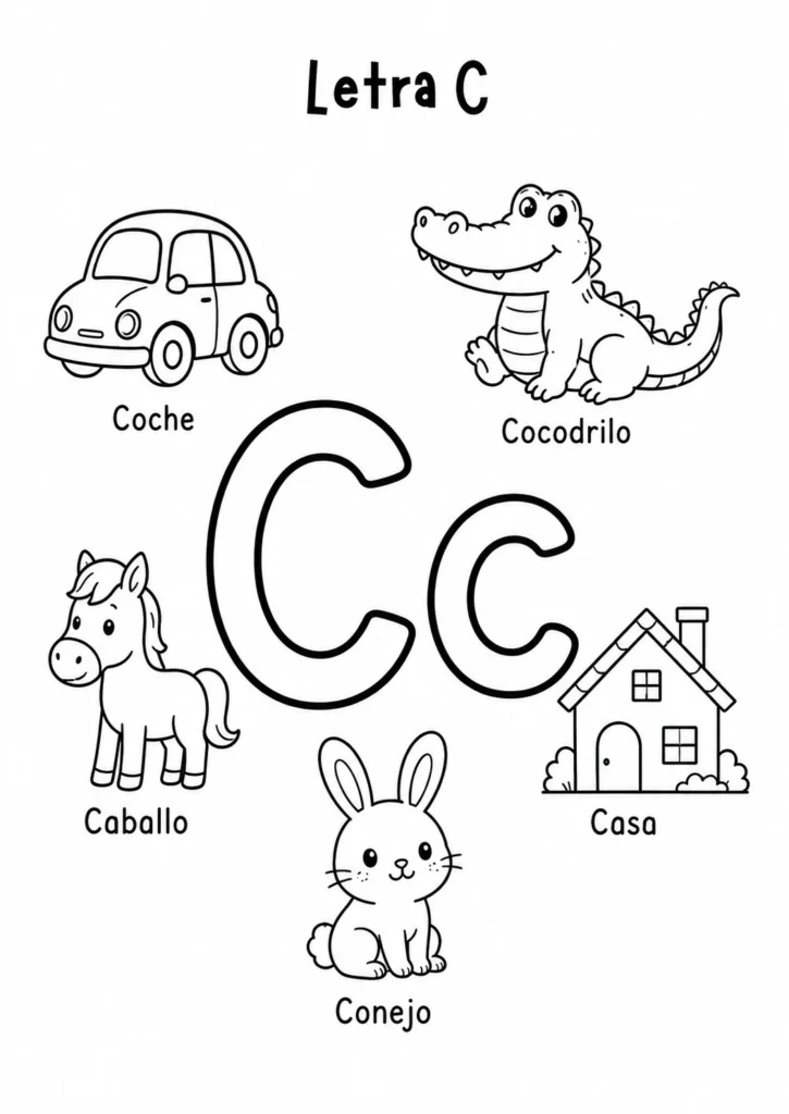 Hoja para colorear C con dibujos infantiles