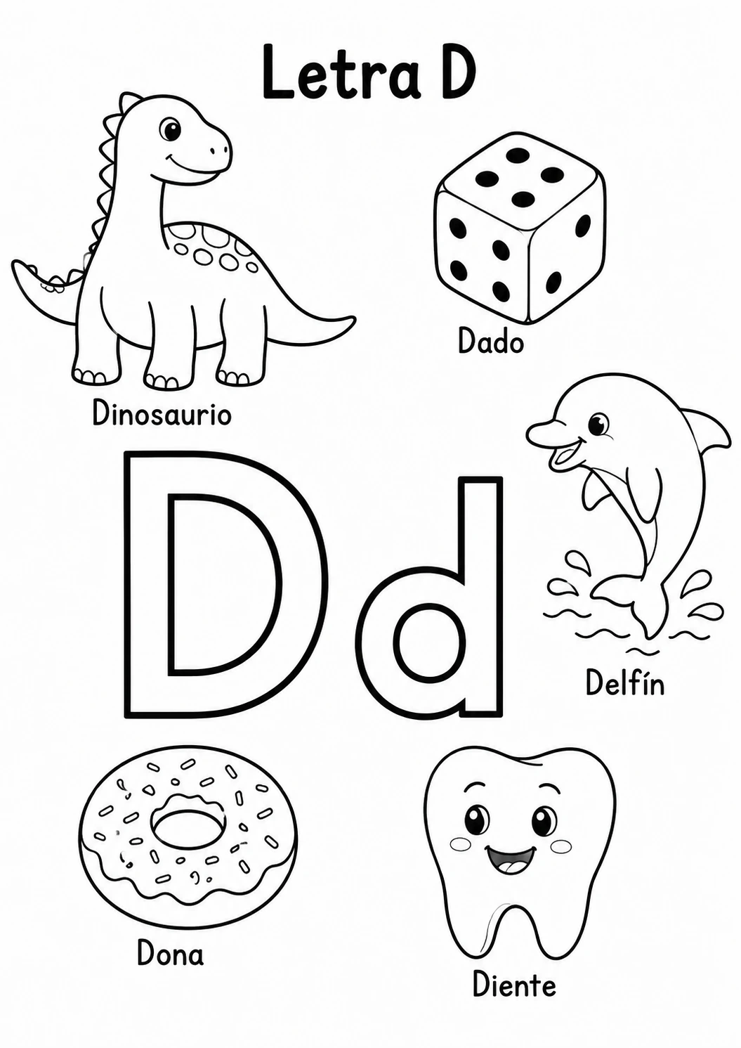 Hoja para colorear letra D - Varios dibujos