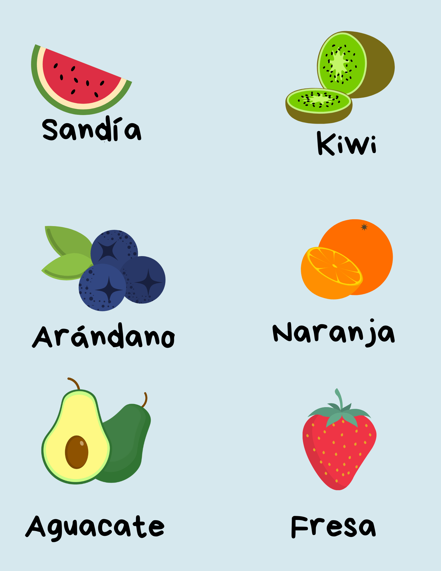 Educational image with fruits in Spanish: Watermelon, Kiwi, Blueberry, Orange, Avocado and Strawberry.