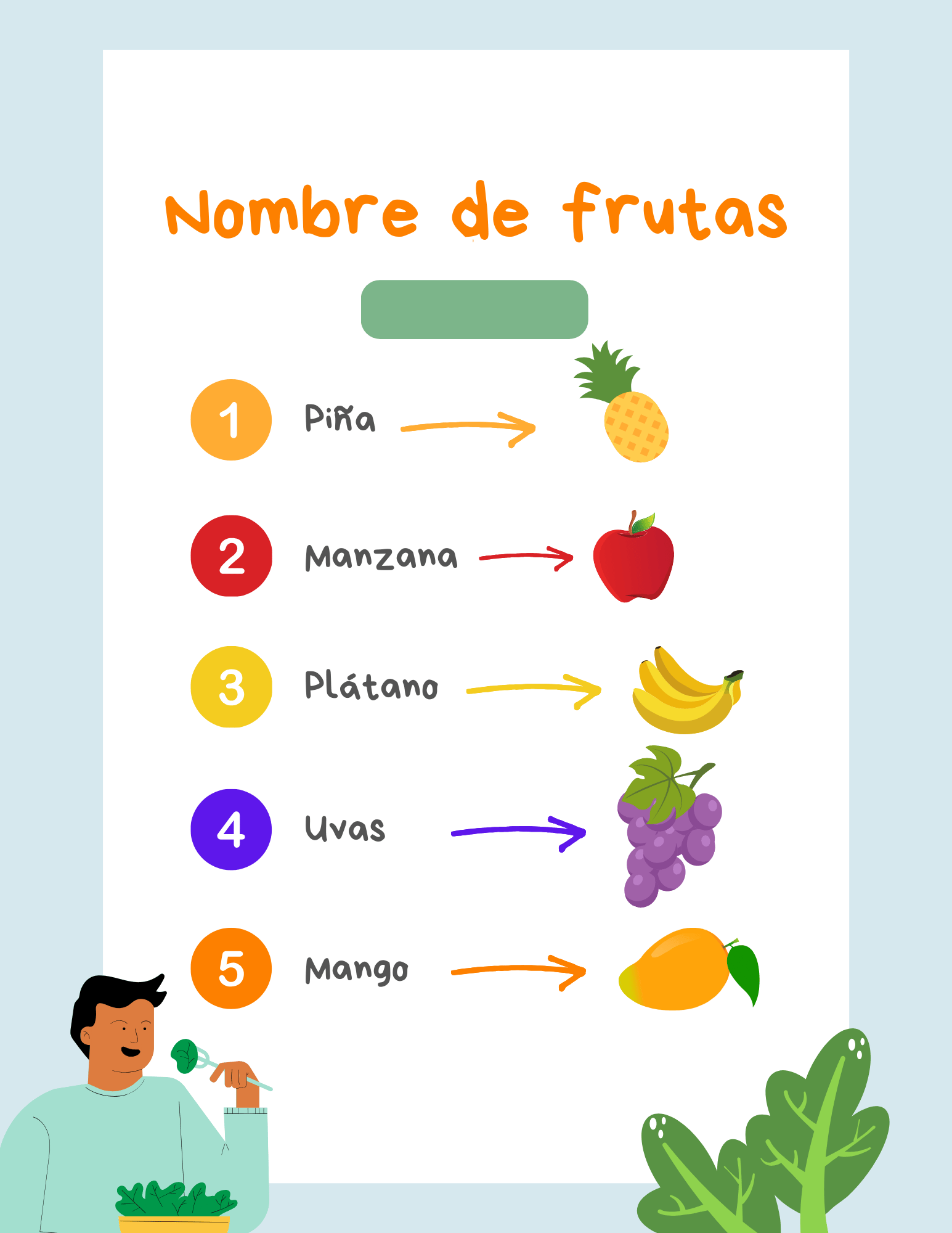 Ilustración con nombres de frutas en español: Piña, Manzana, Plátano, Uvas y Mango.