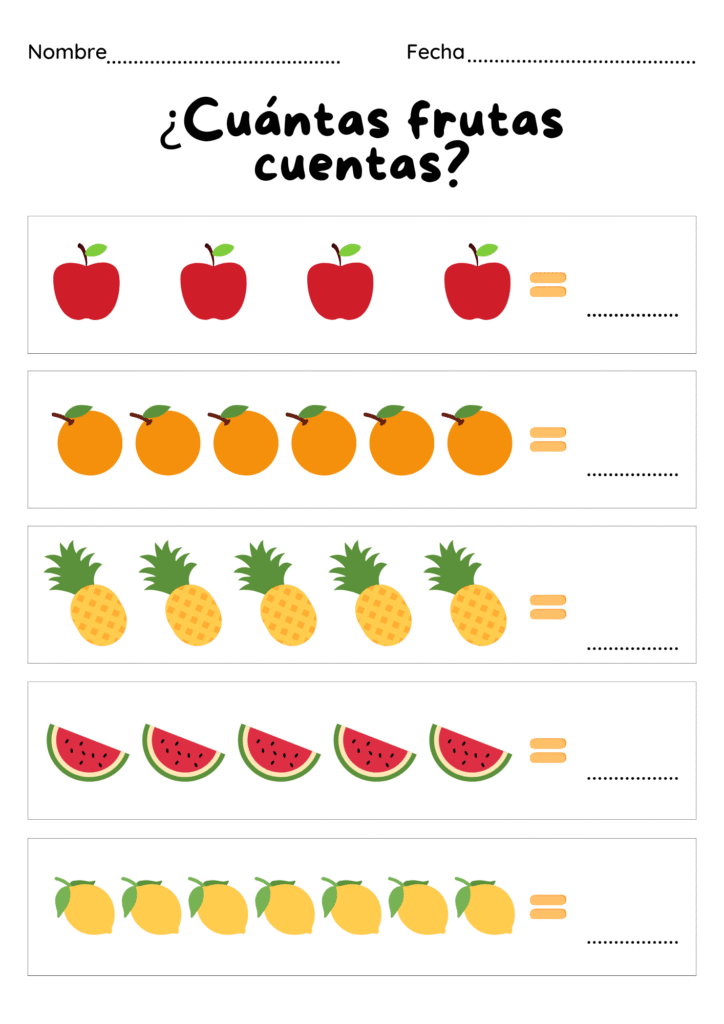 Actividad de conteo para preescolar con frutas: manzanas, naranjas, piñas, sandías y limones para contar y escribir el número