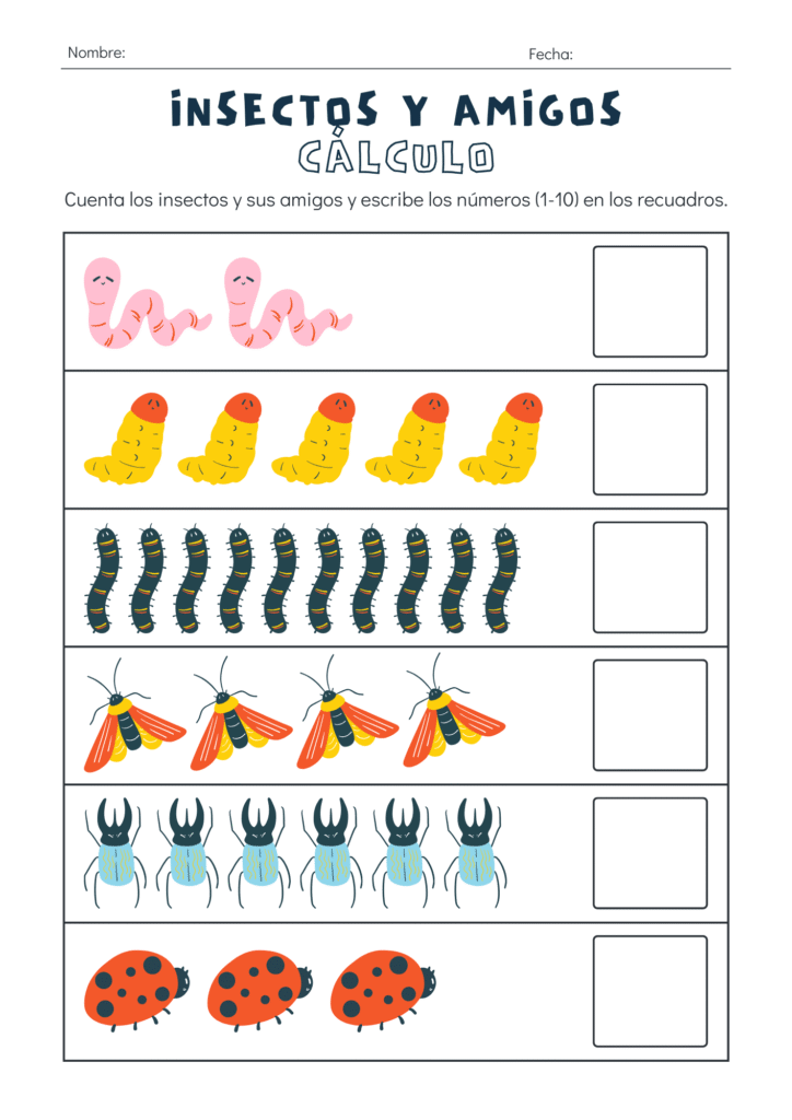 Actividad de conteo para preescolar con insectos: lombrices, orugas, mariposas, escarabajos y catarinas para contar del 1 al 10