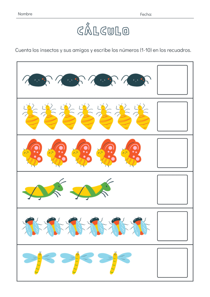 Actividad de conteo para preescolar con insectos: arañas, abejas, mariposas, saltamontes, moscas y libélulas para contar y escribir el número