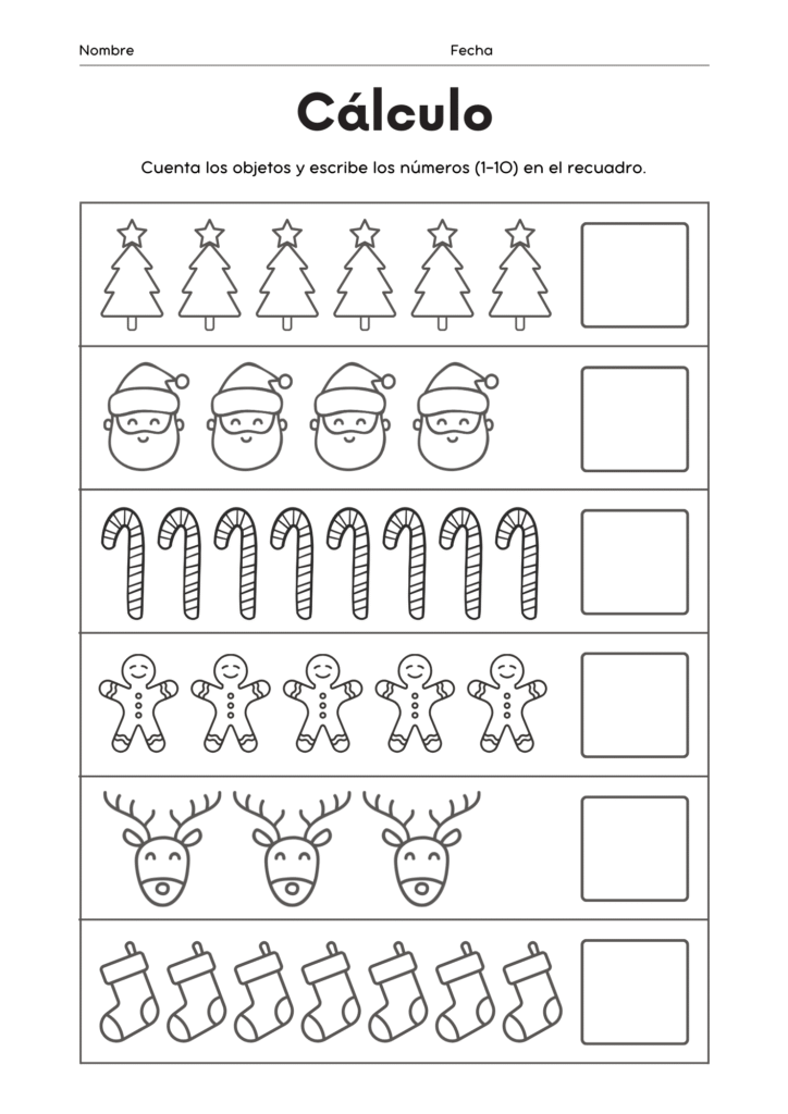 Actividades de conteo para preescolar con temática navideña: árboles, Santas, bastones de dulce, galletas de jengibre, renos y medias para contar del 1 al 10