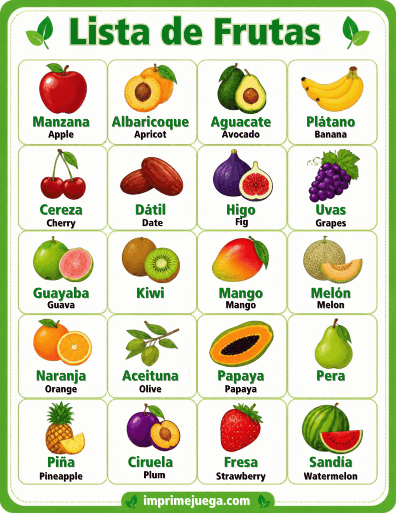 Lámina educativa de frutas en español e inglés con ilustraciones coloridas para niños, lista para imprimir.