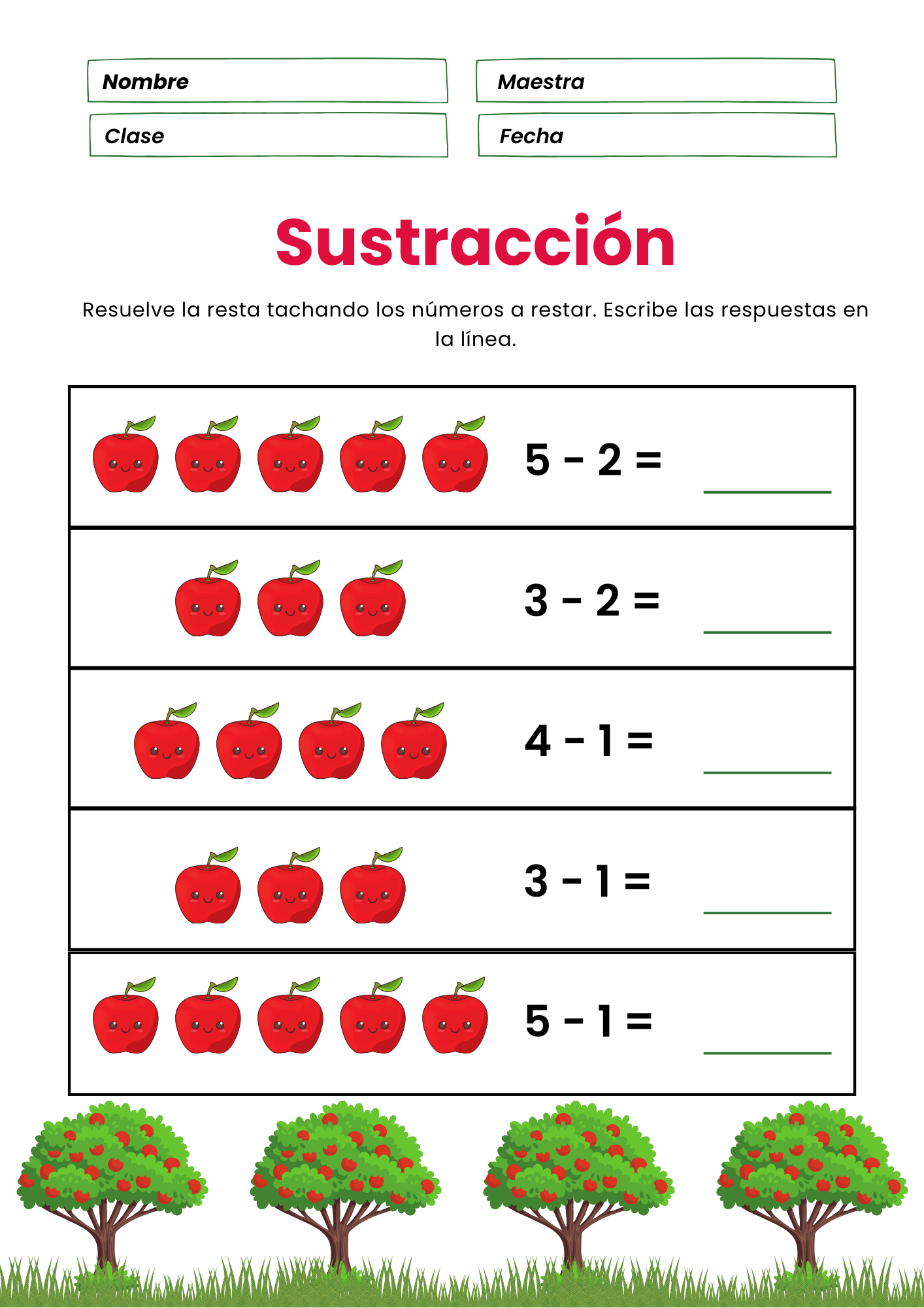 Hojas de trabajo de restas para preescolar con manzanas rojas para enseñar la sustracción visual.