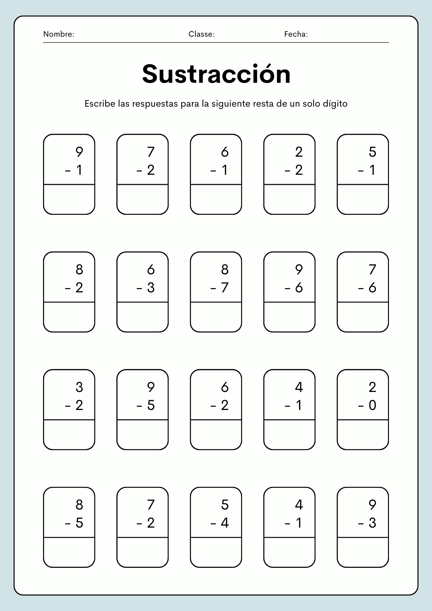 Hojas de Trabajo de Restas para Primer Grador