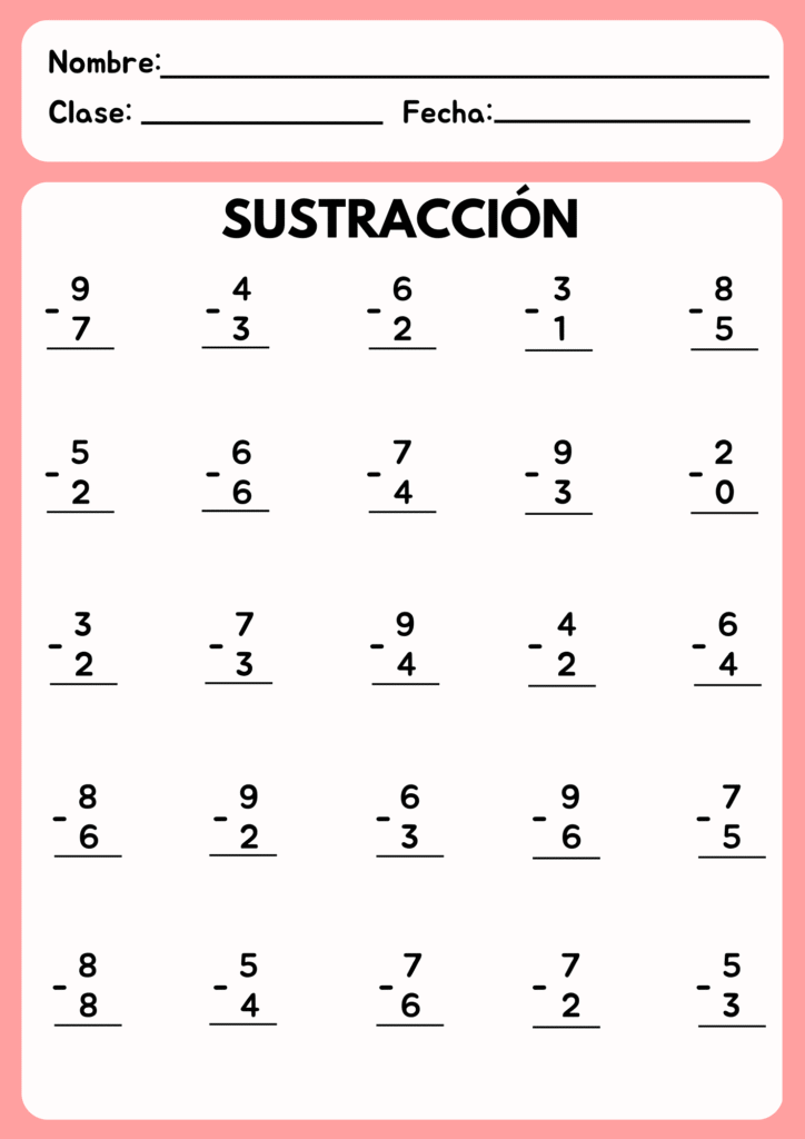 restas para primer grado formato vertical