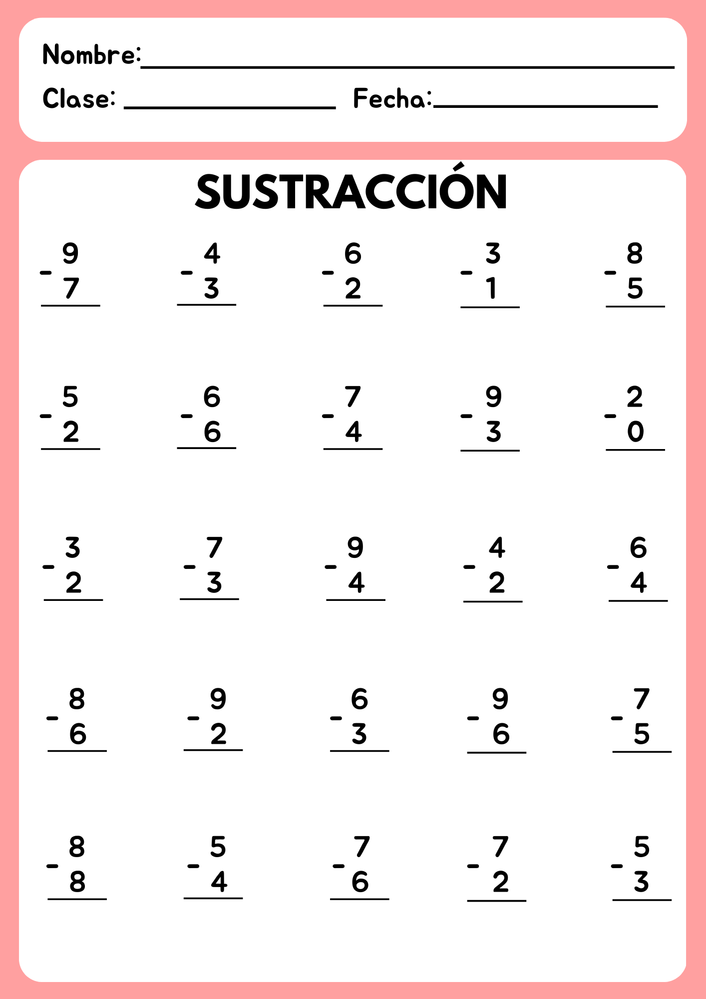 Ejercicios de resta para niños de primer grado con formato horizontal sobre fondo ros