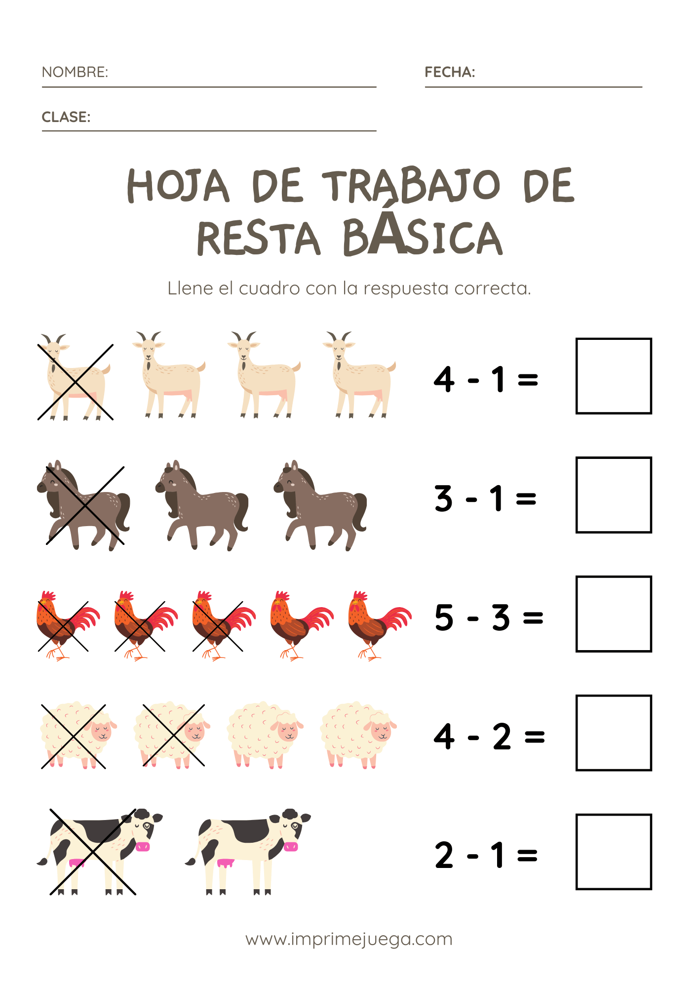 Hojas de trabajo de restas para preescolar con animales de granja para practicar la sustracción de forma divertida.