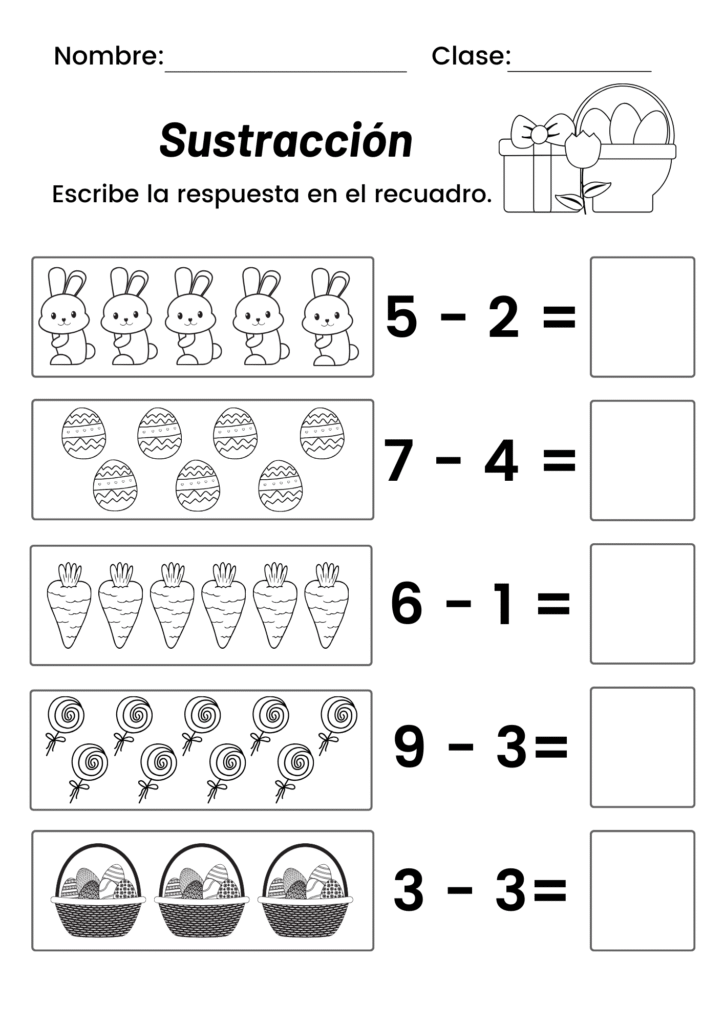restas para preescolar tema pascua conejitos y huevos