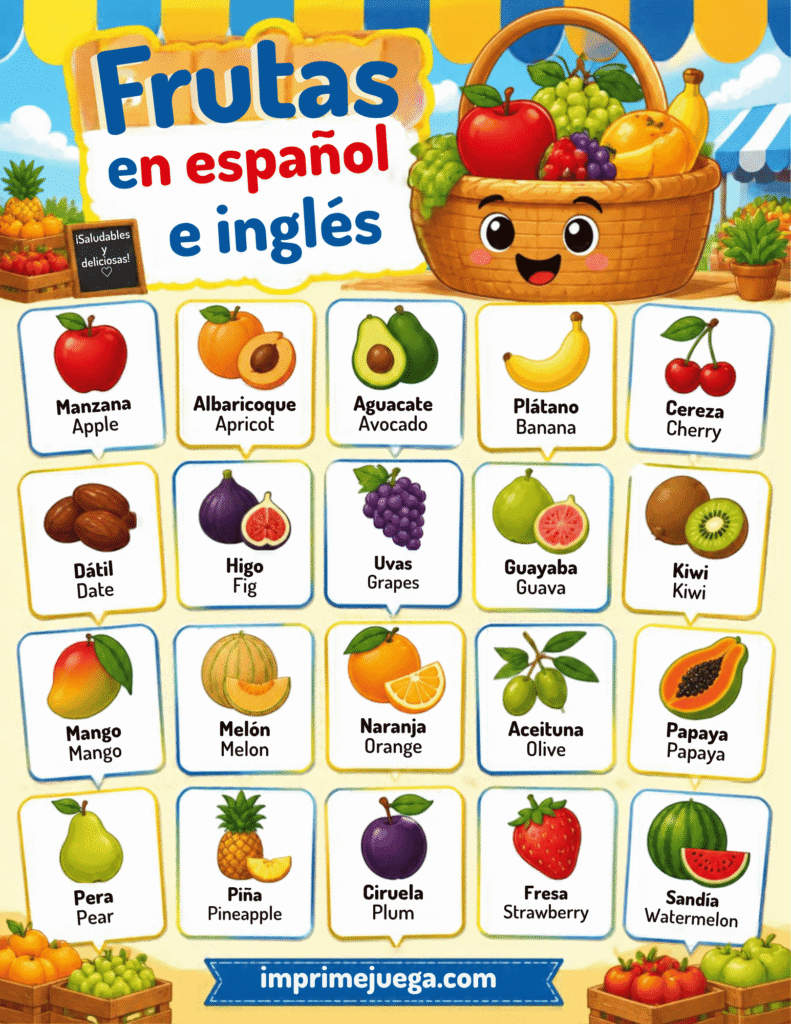 Lámina educativa de frutas en español e inglés con ilustraciones coloridas para niños, lista para imprimir.