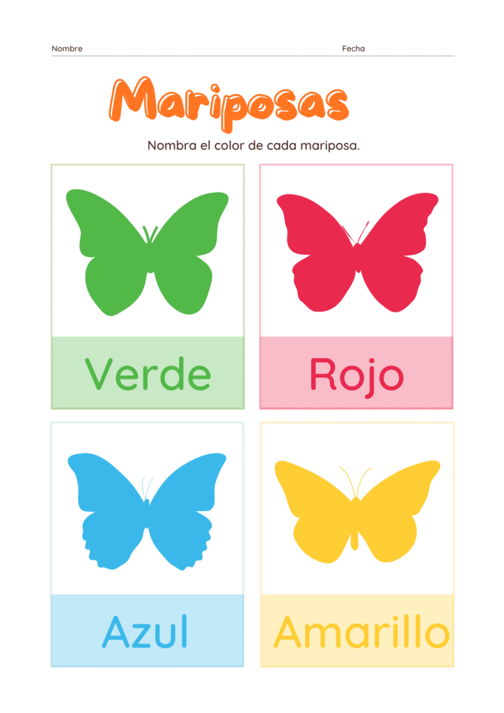 Aprende el nombre de colores con hojas de mariposas divertidas