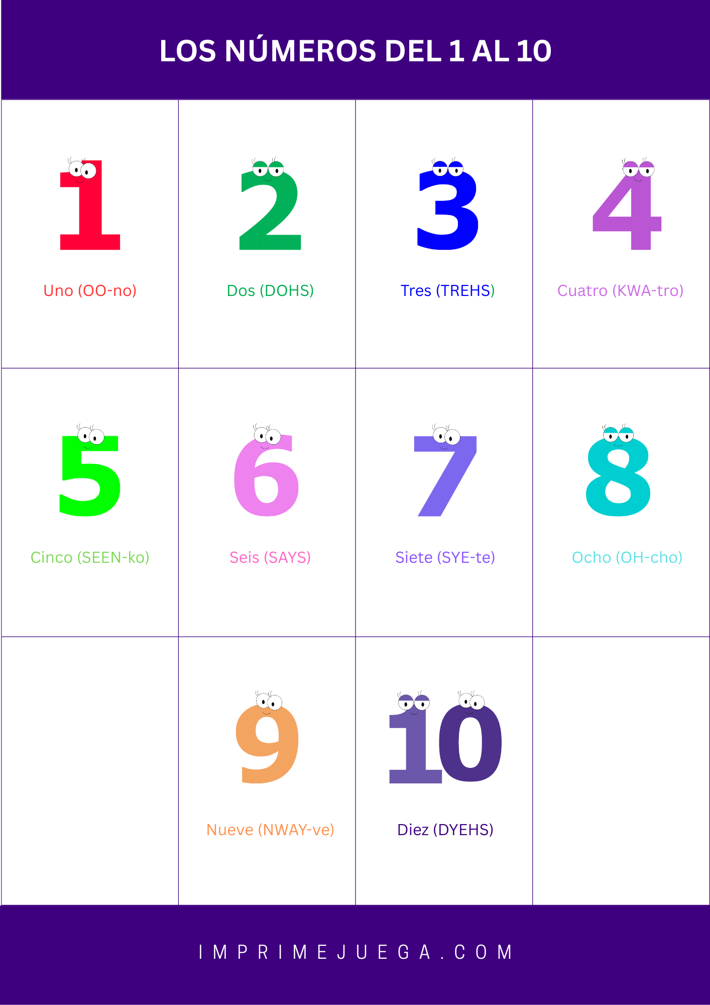 Números del 1 al 10 en español en columna vertical.