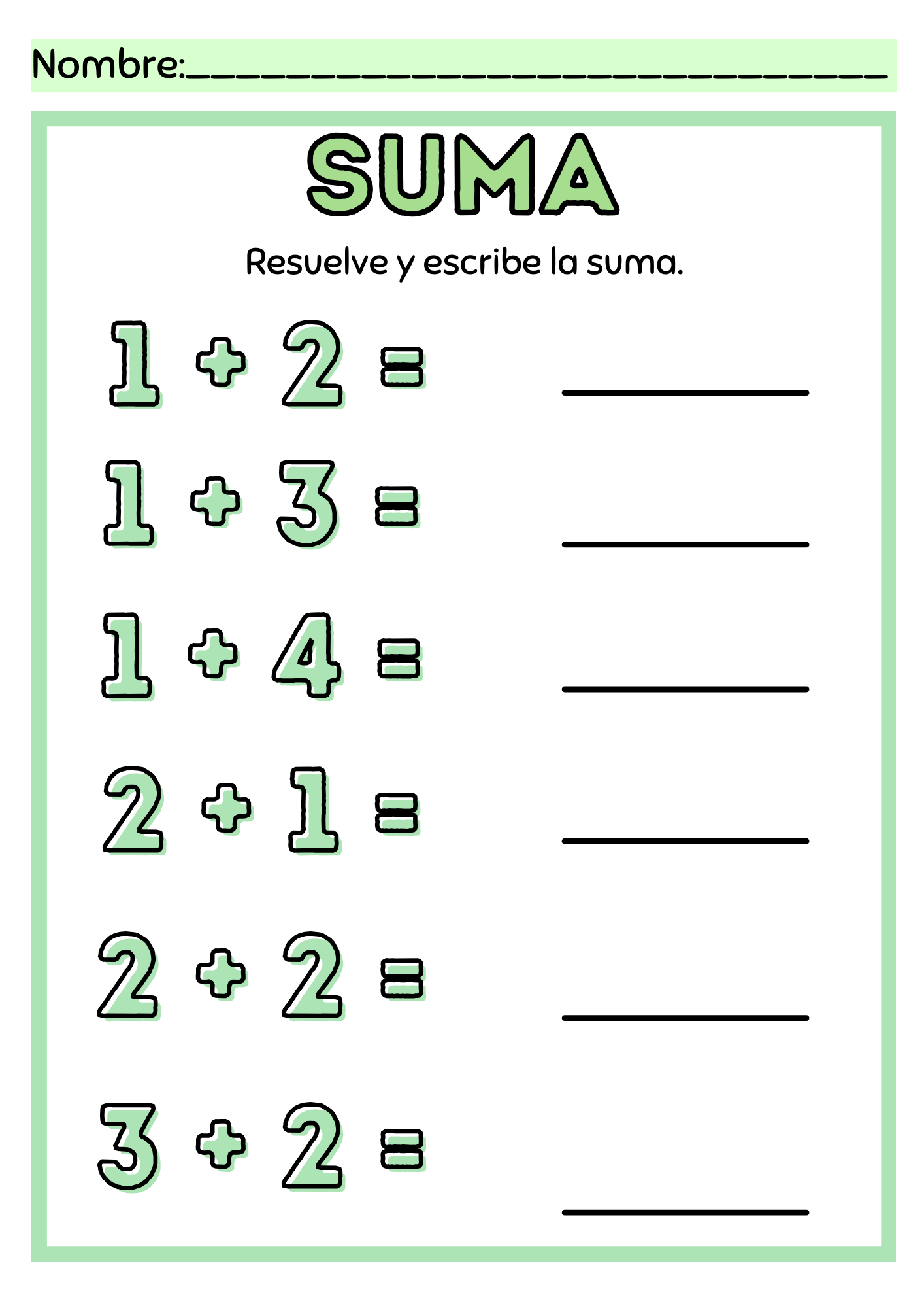 Actividad de suma simple para preescolar: Ficha educativa con sumas verticales simples para practicar operaciones básicas en preescolar.