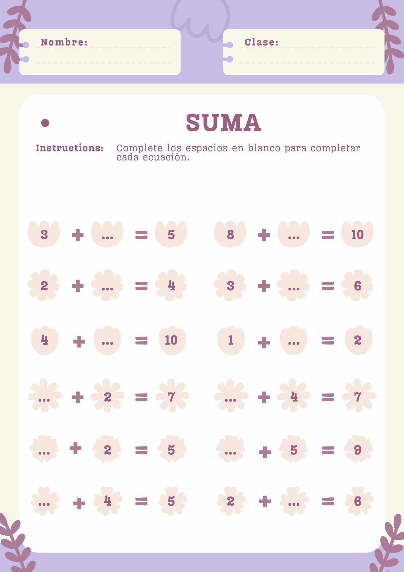 Hoja de trabajo de sumas para completar primer grado con dibujos de frutas para aprender sumas.