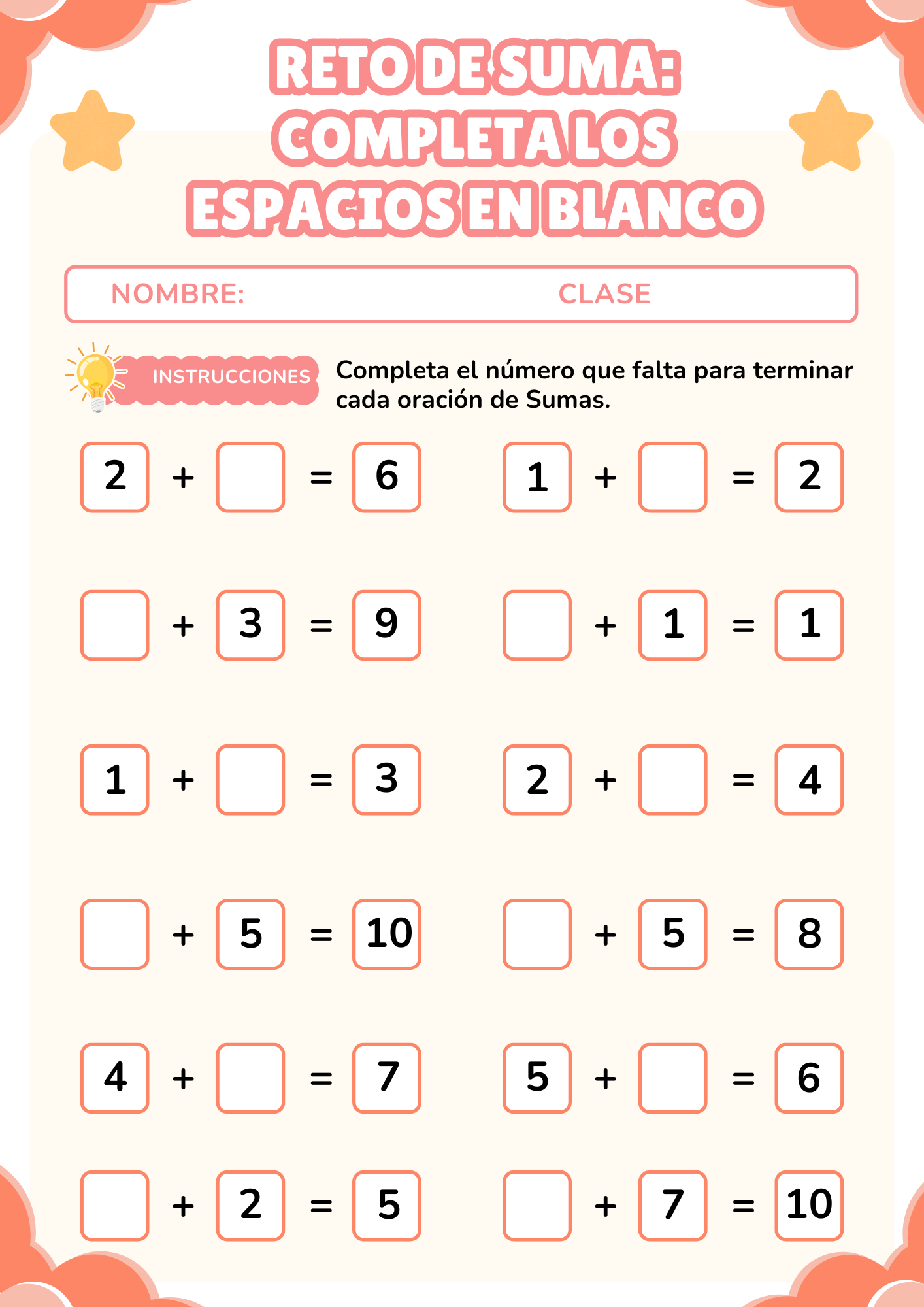 Actividad matemática con sumas incompletas para estudiantes de primer grado con ilustraciones escolares.