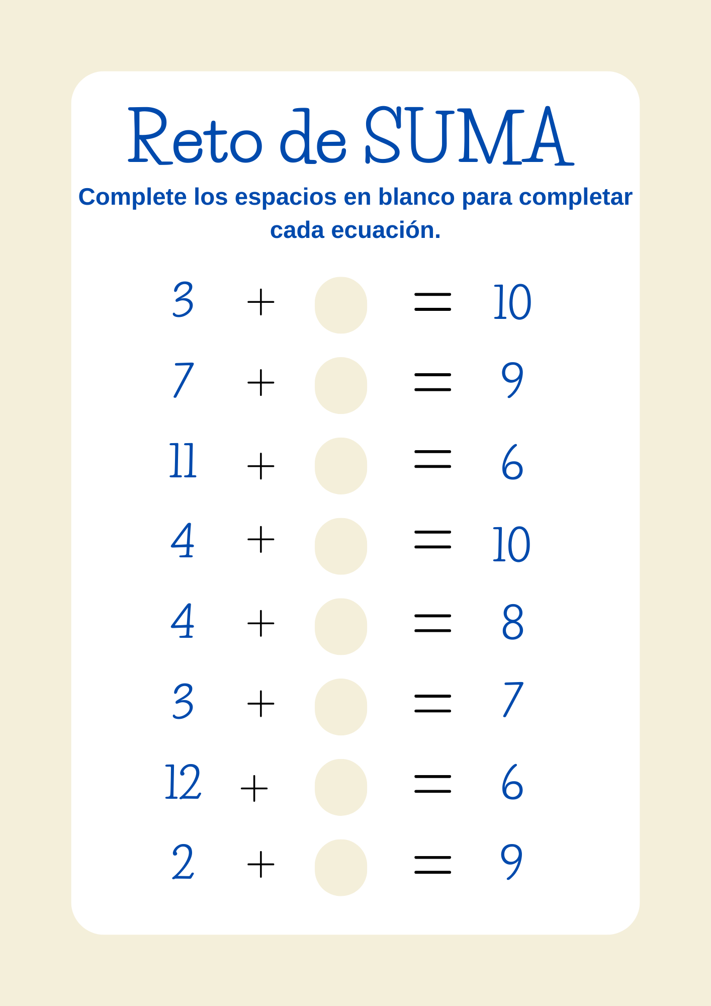 Ejercicio de completar sumas usando imágenes de animales para facilitar el aprendizaje en primer grado.