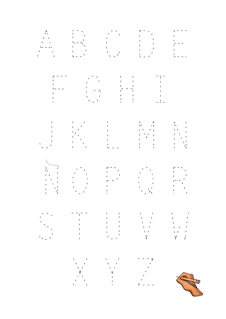 Trazos de letras para imprimir con alfabeto en mayúsculas punteadas para que los niños practiquen la escritura.