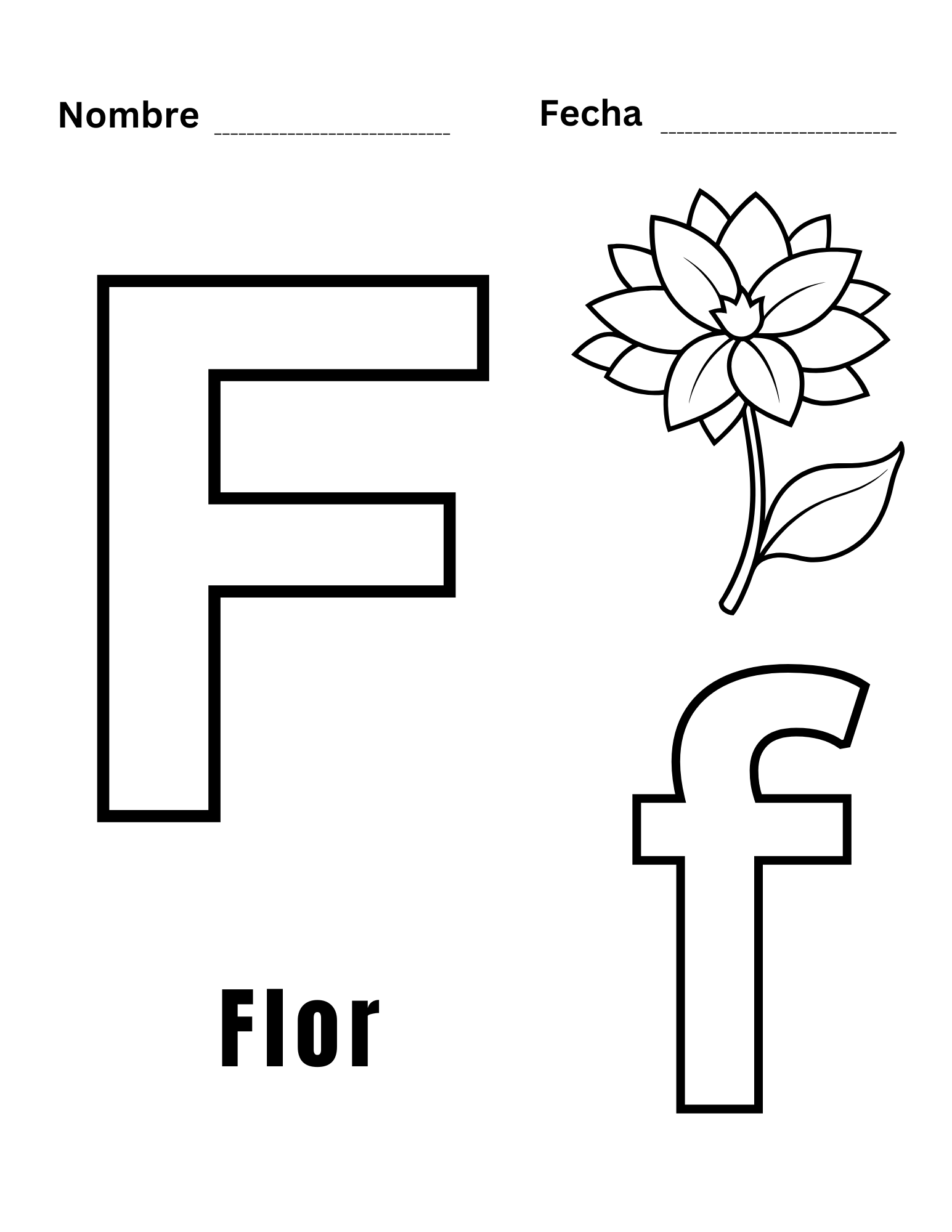 Hoja para colorear letra F con flor y letras F mayúscula y minúscula para colorear.