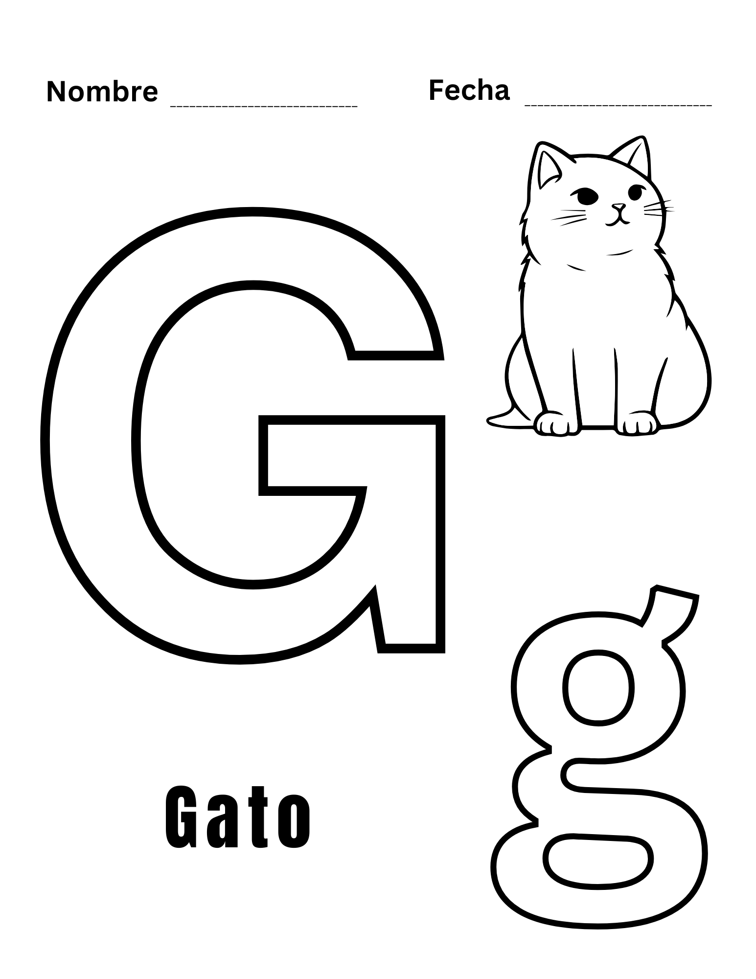 Hoja para colorear letra G con imagen de gato y letras grandes para colorear.