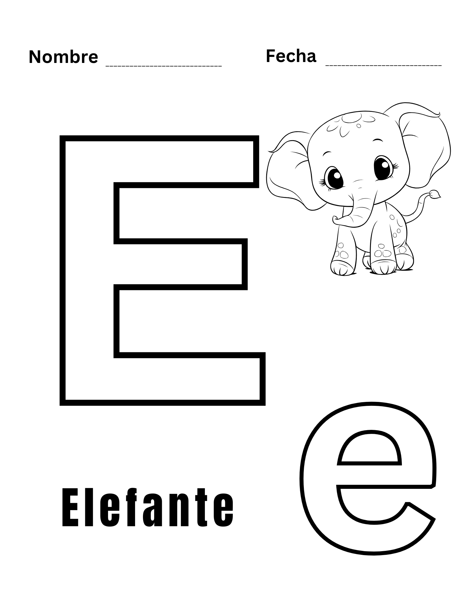 Hoja para colorear letra E con dibujo de elefante tierno para niños