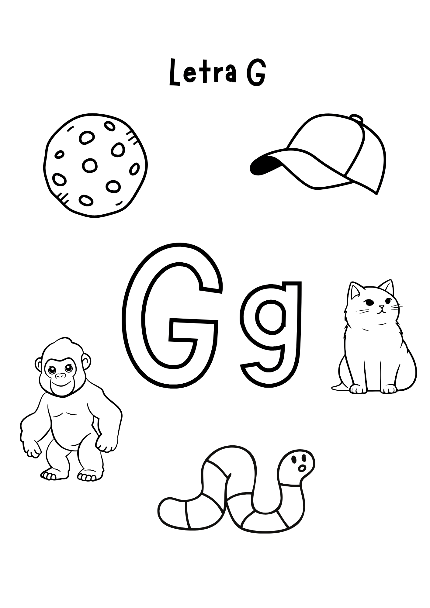 Hoja para colorear letra G con dibujos de galleta, gorra, gorila, gato y gusano.