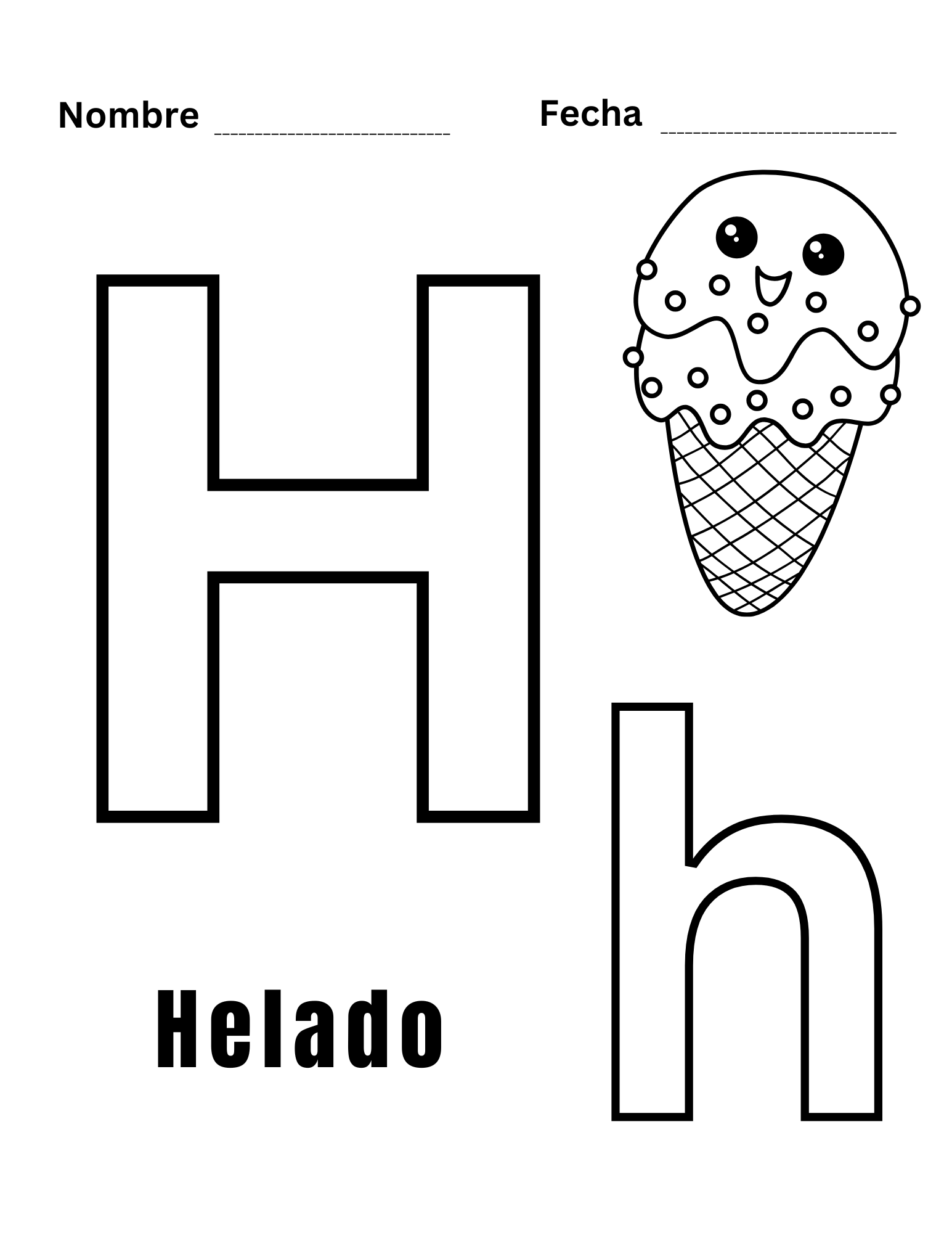 Hoja para colorear H con dibujo de helado kawaii